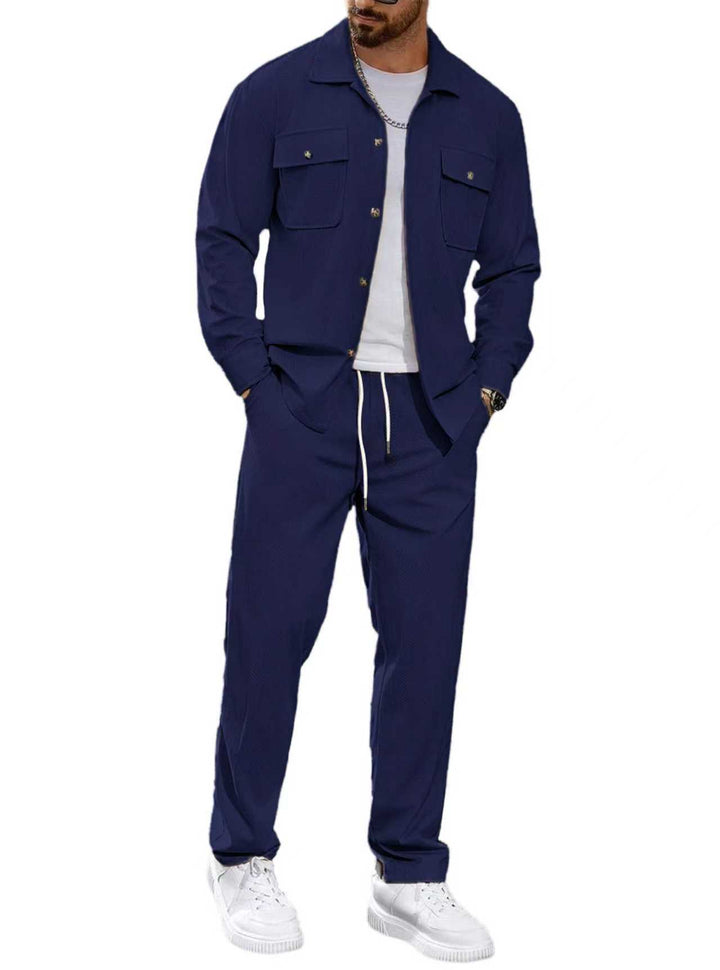 Men's casual two-piece shirt jacket with applied chest pockets and drawstring pants Mune Fashion
