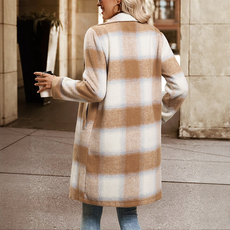 Women's Double-Breasted Wool Blend Coat with Oversized Check Pattern, Notched Collar and Side Pockets Mune Fashion