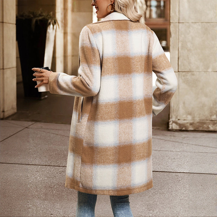 Women's Double-Breasted Wool Blend Coat with Oversized Check Pattern, Notched Collar and Side Pockets Mune Fashion