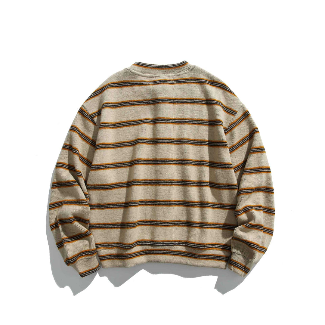 Unisex Chunky Knit Button Cardigan in Stripe Pattern with Round Neck and Wooden Buttons Mune Fashion