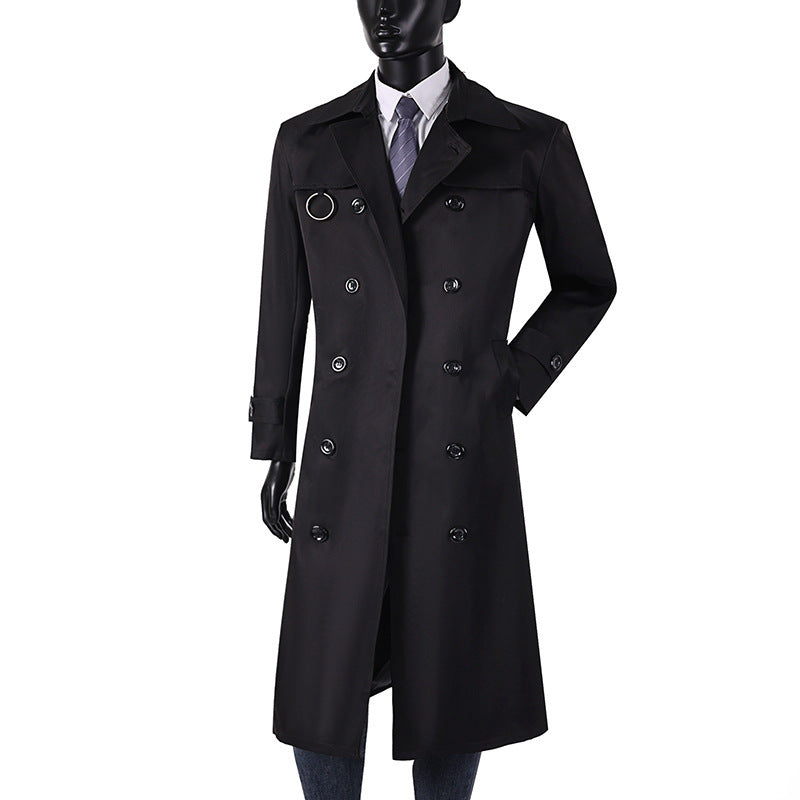 Men's double-breasted trench coat with waist tailoring, lapel collar, and decorative metal ring Mune Fashion