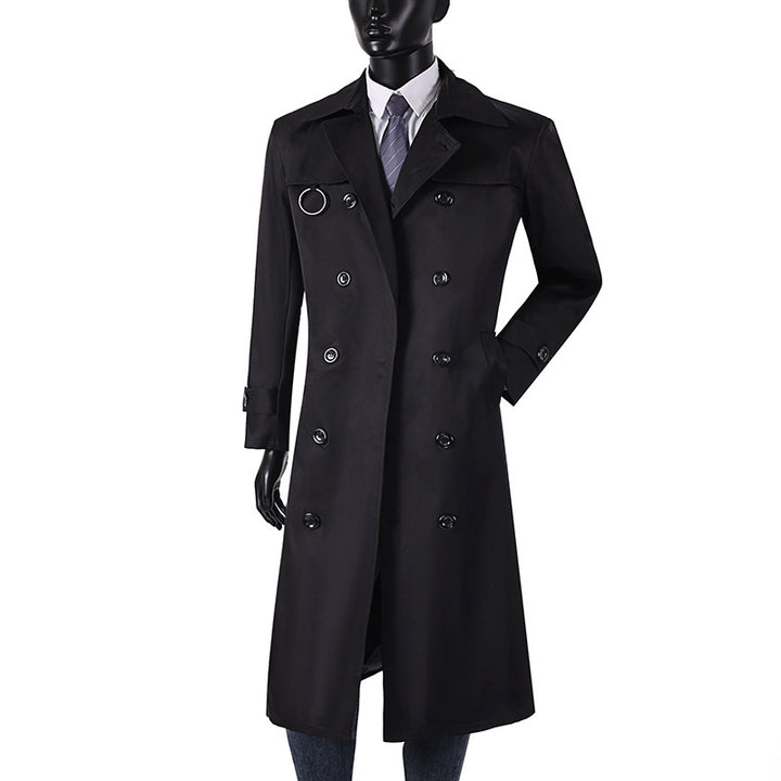 Men's double-breasted trench coat with waist tailoring, lapel collar, and decorative metal ring Mune Fashion