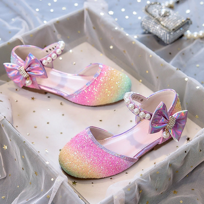 Girls Glittering Ballerinas with Pearls and Bow Accent Mune Fashion