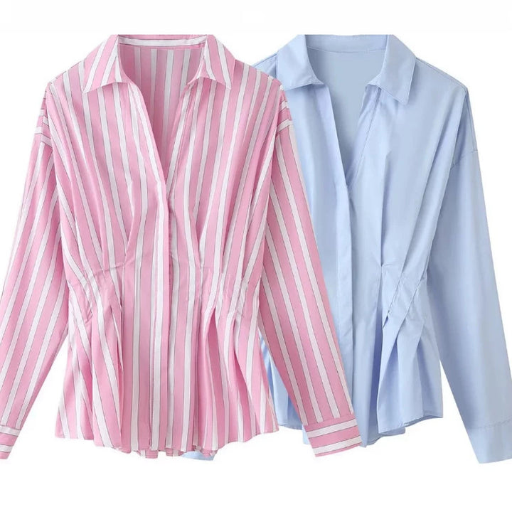 Women tailored blouse with tuck pleats and shirt collar Mune Fashion