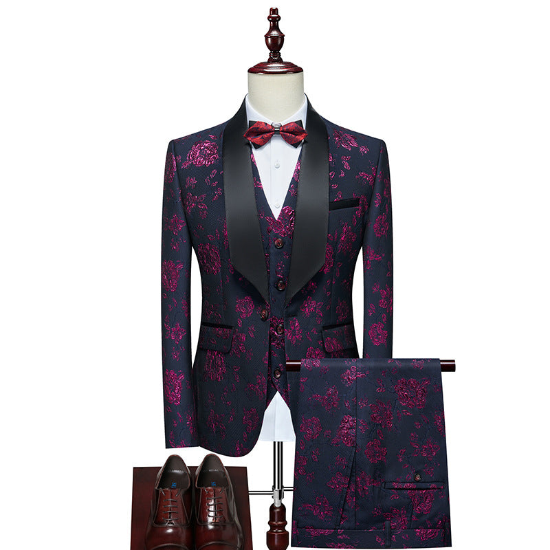 Men's Luxurious Three-Piece Tuxedo Set with Shawl Lapel and Floral Jacquard Mune Fashion