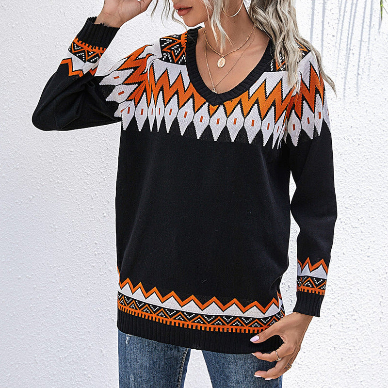 Women’s Oversize Knit Sweater with Geometric Aztec Pattern and Asymmetrical Off-Shoulder Neckline Mune Fashion