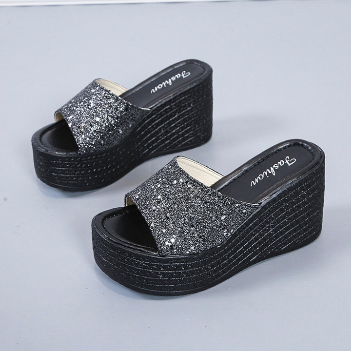 Women's open platform mule with sparkling strap, patterned wedge sole, and cushioned comfort footbed Mune Fashion