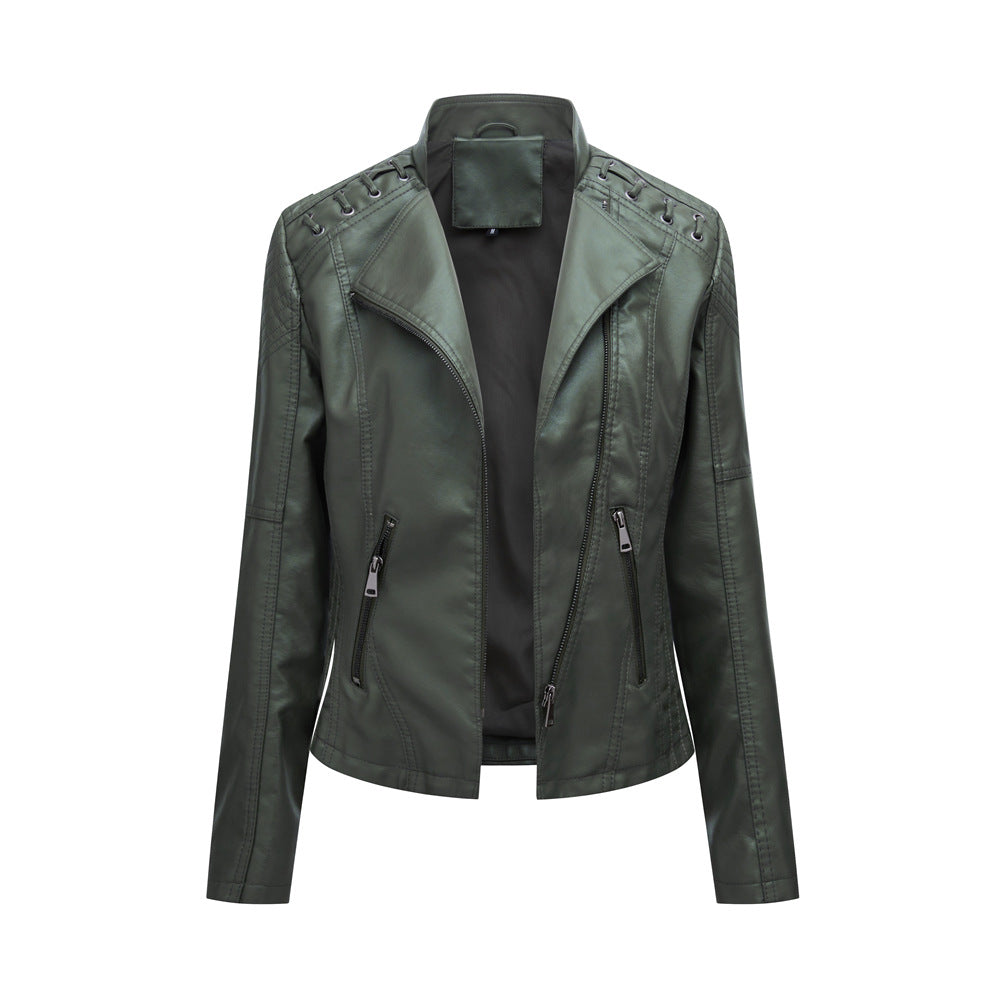Women's short biker jacket made of faux leather with decorative eyelet lacing on the shoulders Mune Fashion