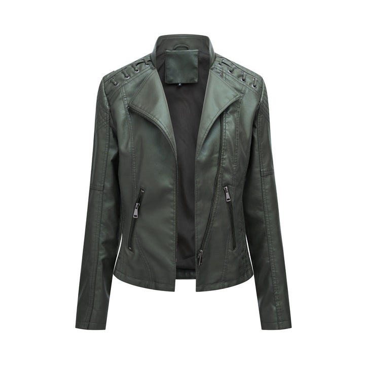 Women's short biker jacket made of faux leather with decorative eyelet lacing on the shoulders Mune Fashion