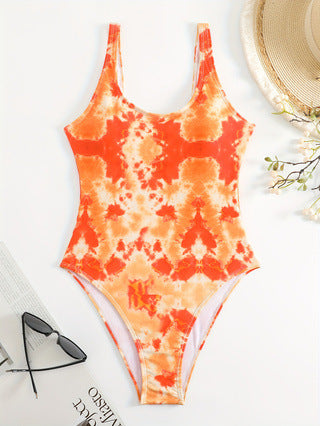 Women's One-Piece Sporty Swimsuit with Fashionable Tie-Dye Design Mune Fashion
