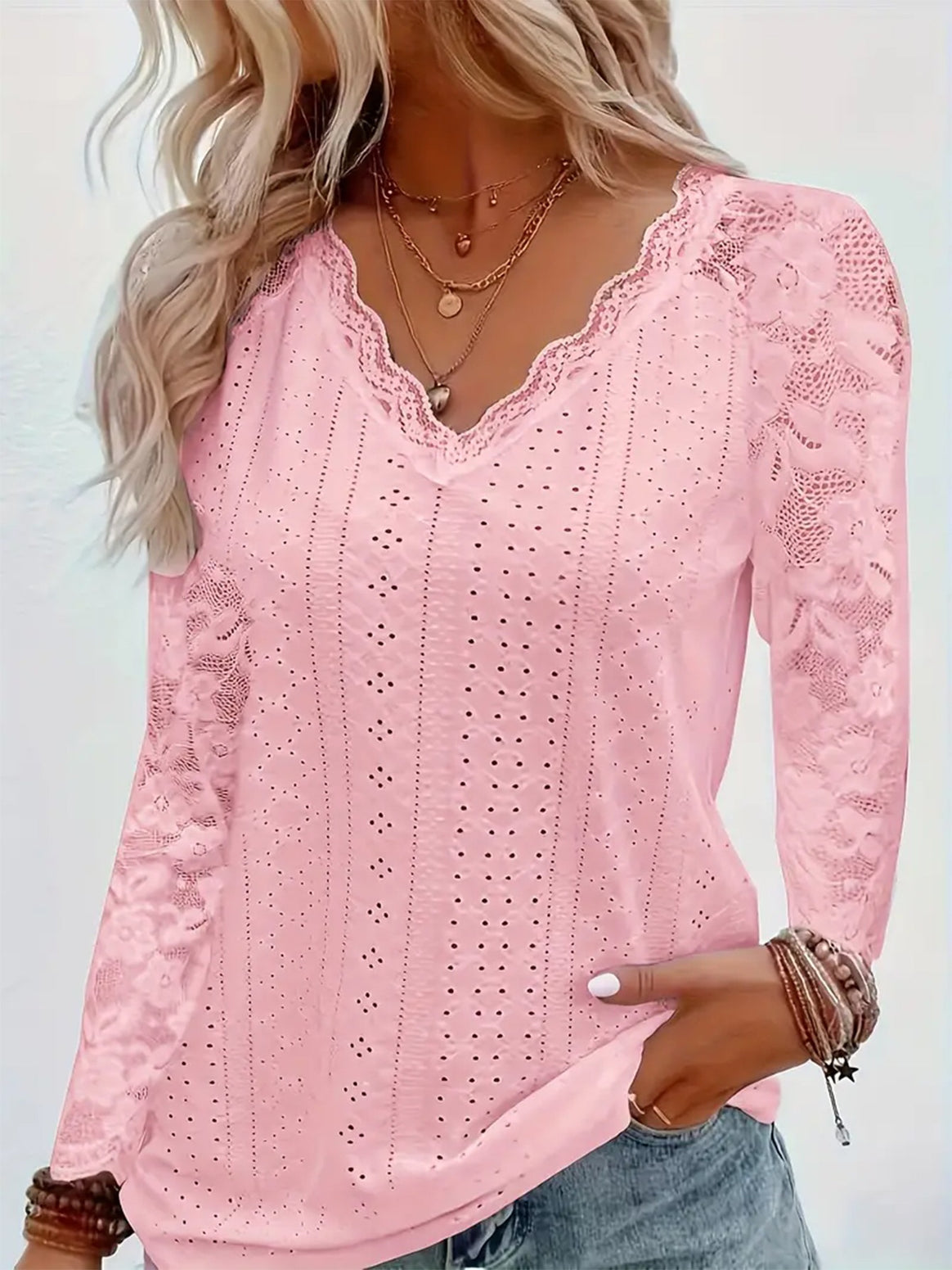 Women's long sleeve blouse made of lace embroidery with lace V-neck and floral mesh sleeve Drune