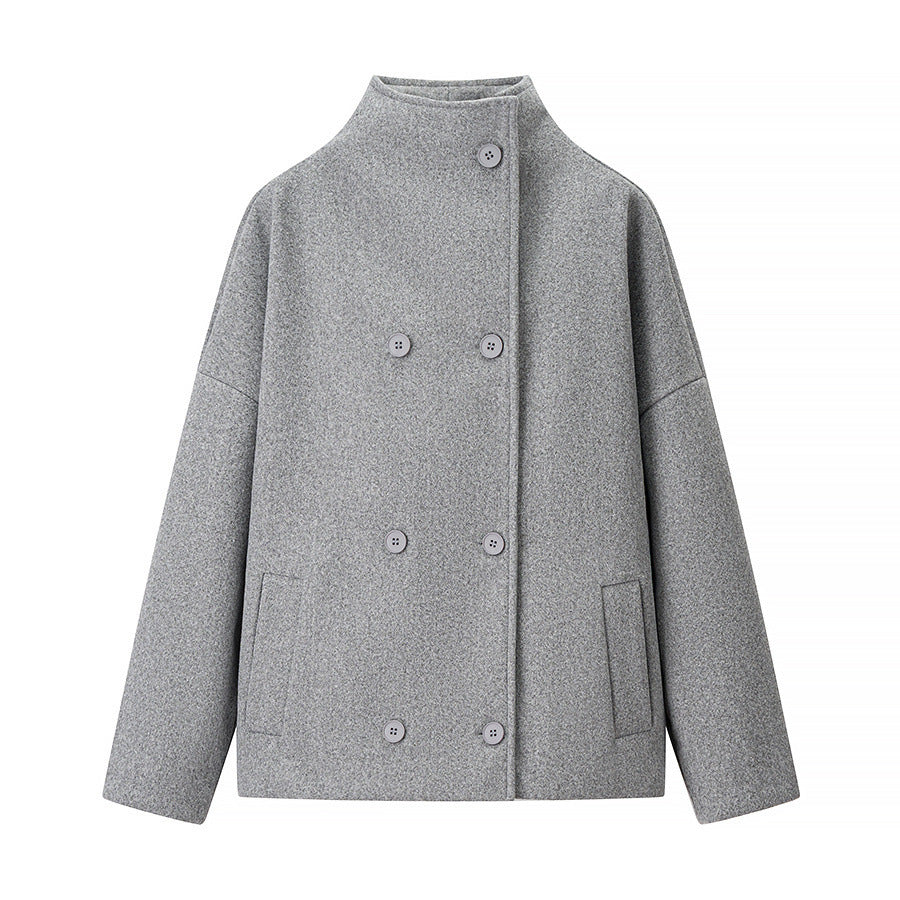 Women's Boxy Wool Blend Caban Jacket with Stand Collar and Dropped Shoulders Mune Fashion