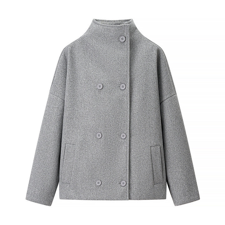 Women's Boxy Wool Blend Caban Jacket with Stand Collar and Dropped Shoulders Mune Fashion