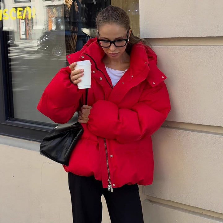 Women Short Cut Quilted Winter Jacket with High Collar Hood and Padded Thermal Lining Mune Fashion