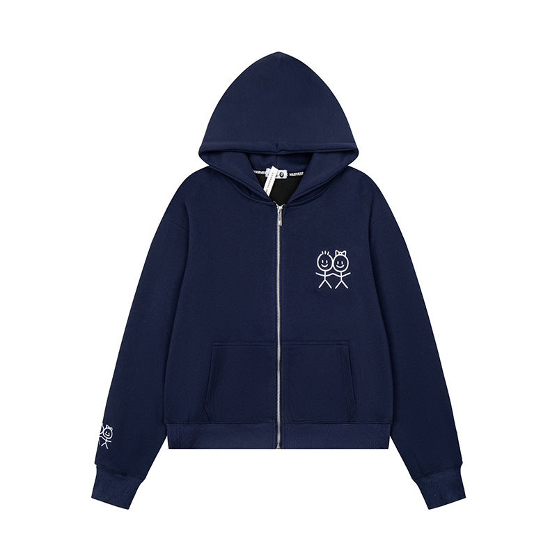 Women's hooded sweatshirt jacket with full zip lightweight French terry stick figure print and kangaroo pockets Mune Fashion