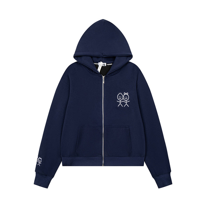 Women's hooded sweatshirt jacket with full zip lightweight French terry stick figure print and kangaroo pockets Mune Fashion