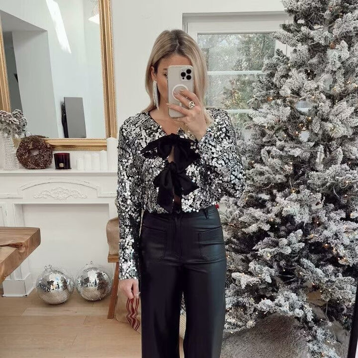 Women's Sequin Bolero Jacket with Double-Tied Satin Ribbons and Short Cropped Silhouette Mune Fashion