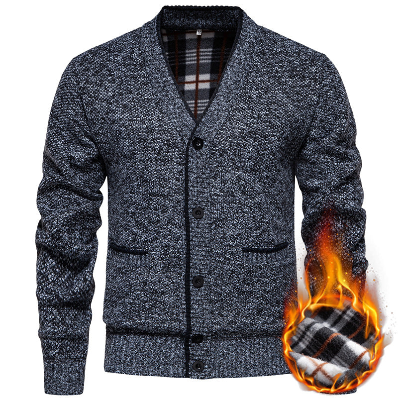 Men's Structured V-Neck Knit Cardigan with Contrasting Edge and Checked Lining Mune Fashion