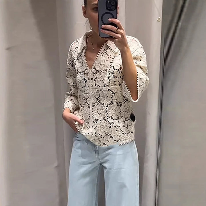 Women's Crocheted Blouse with Floral Openwork Pattern and Three-Quarter Sleeves Mune Fashion