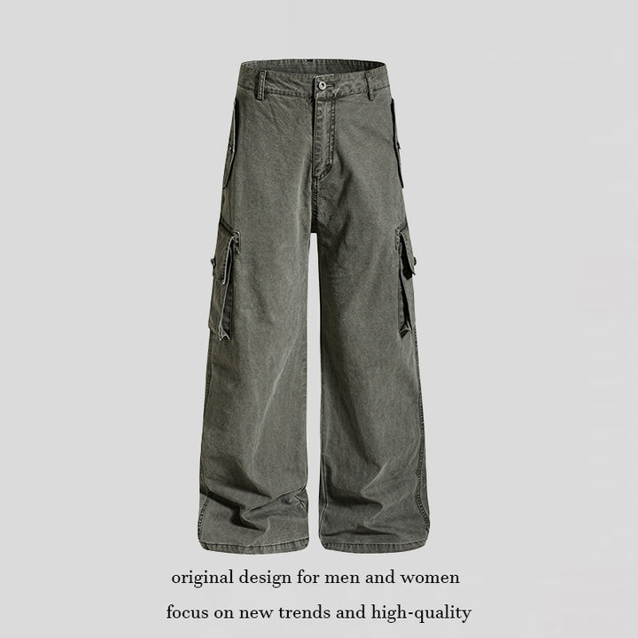 Women's Wide Cargo Culotte Pants in Vintage Wash with High Waist and Multiple Pockets Mune Fashion