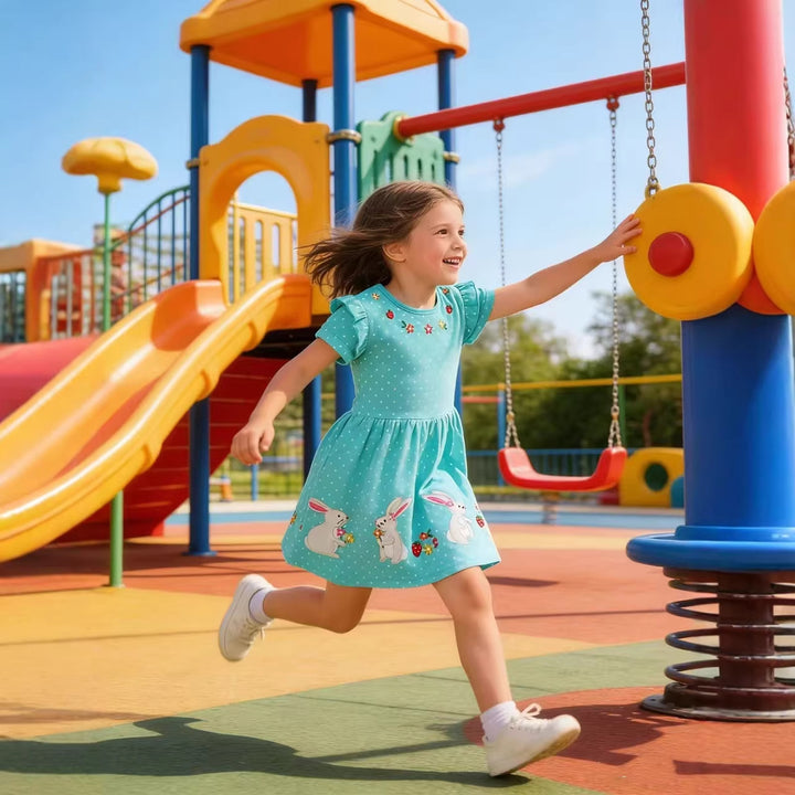Girl Short Sleeve Dress with Playful Bunny and Flower Motif Mune Fashion