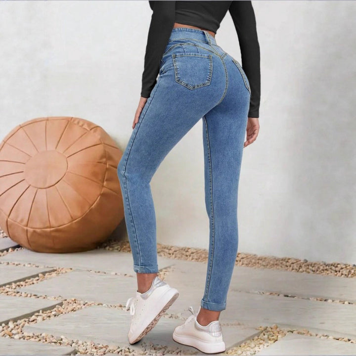 Women High-Waisted Sculpting Skinny Jeans with Double Button and Cuff Detail Mune Fashion