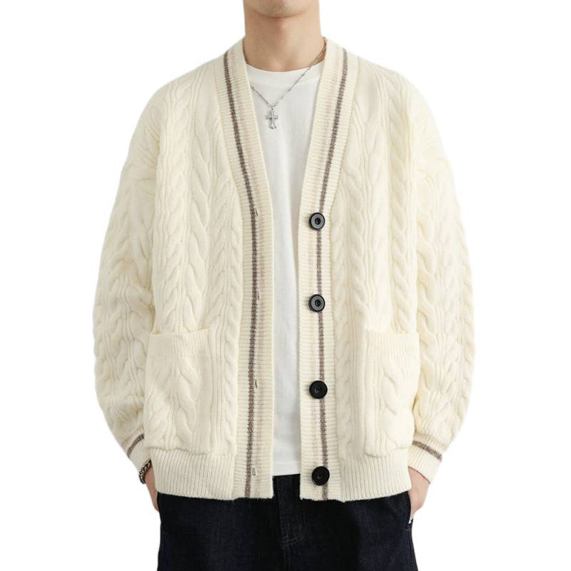 Men's Chunky Cable Knit Cardigan with Patch Pockets and Contrast Stripes Mune Fashion