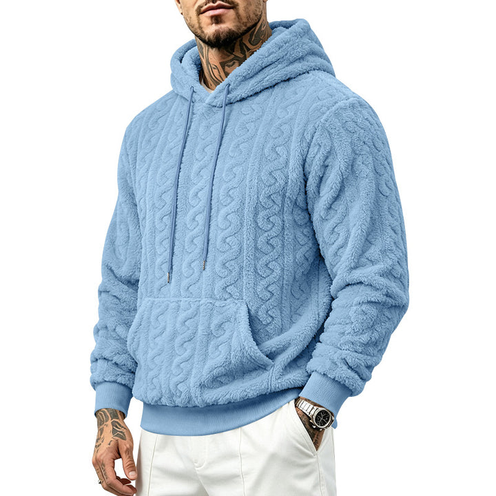 Men's teddy fleece pullover with cable pattern, hood and kangaroo pocket Mune Fashion