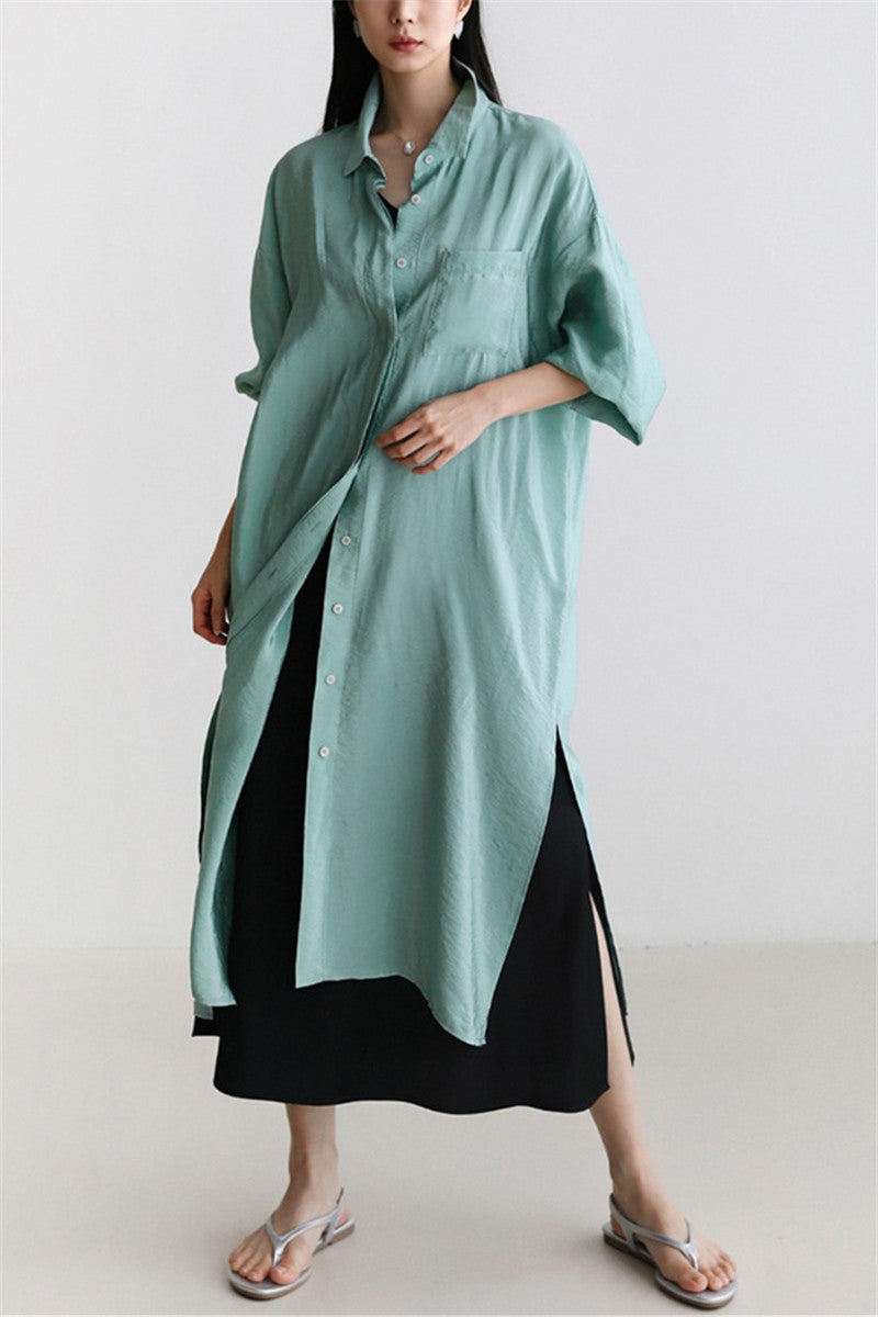 Ladies Long Satin Effect Duster with Stand Collar, Oversized Cut and Deep Side Slits Mune Fashion