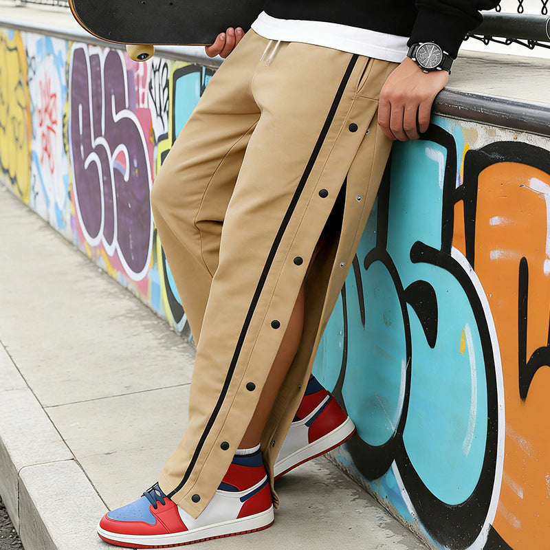Men's Sporty Snap Track Pants with Side Snap Stripes and Drawstring Mune Fashion
