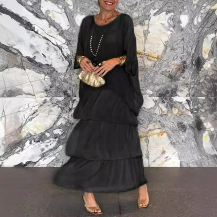Women's layered tiered maxi dress with wide batwing top and tiered ruffle skirt Mune Fashion