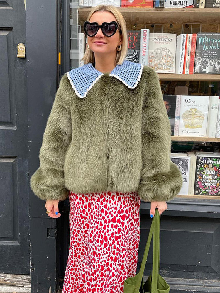 Women's Short Faux Fur Jacket with Distinctive Crochet Collar Mune Fashion