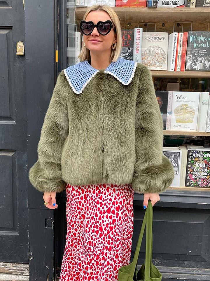 Women's Short Faux Fur Jacket with Distinctive Crochet Collar Mune Fashion