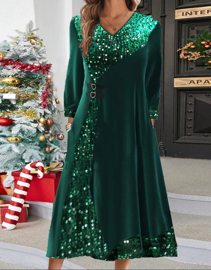 Women's festive sequin panel maxi dress with V-neck long sleeves and decorative waist belts Mune Fashion