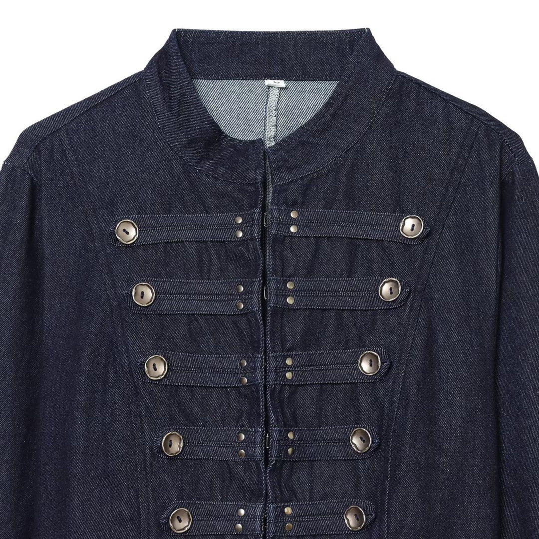 Women short denim military jacket with stand-up collar and decorative button placket Mune Fashion