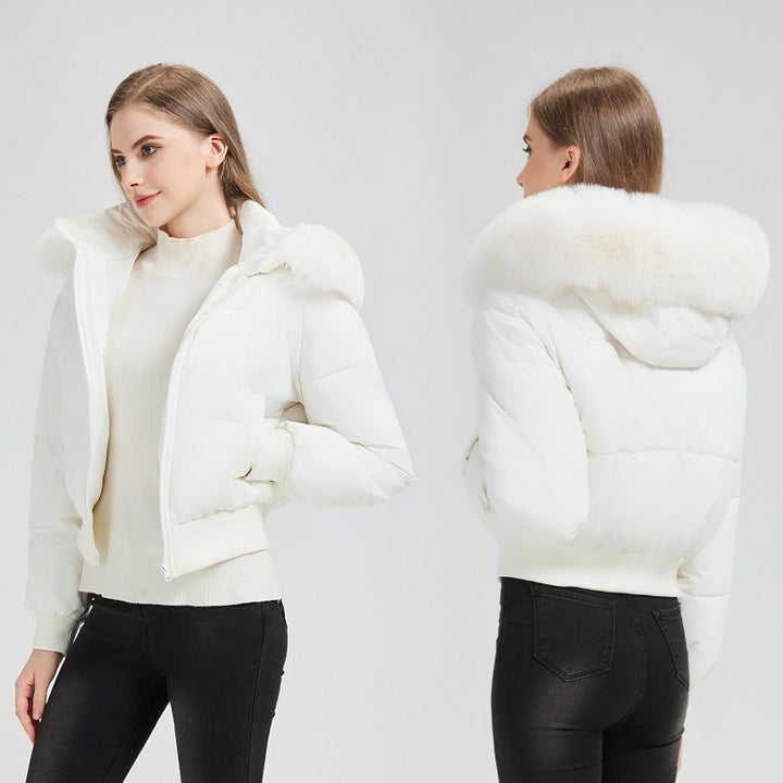 Women's Short Bomber Puffer Jacket with Hood and Removable Faux Fur Collar Mune Fashion