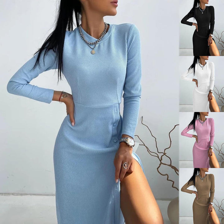 Women's Ribbed A-Line Dress with Round Neckline, Long Sleeves and Side Button Placket Mune Fashion