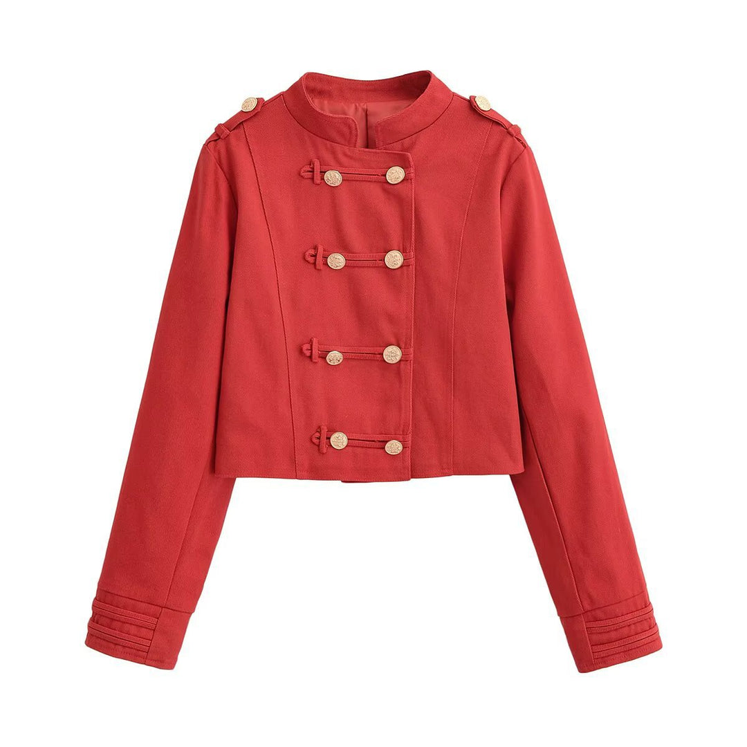 Women Military Inspired Short Jacket with Stand-up Collar, Decorative Straps and Golden Decorative Buttons Mune Fashion
