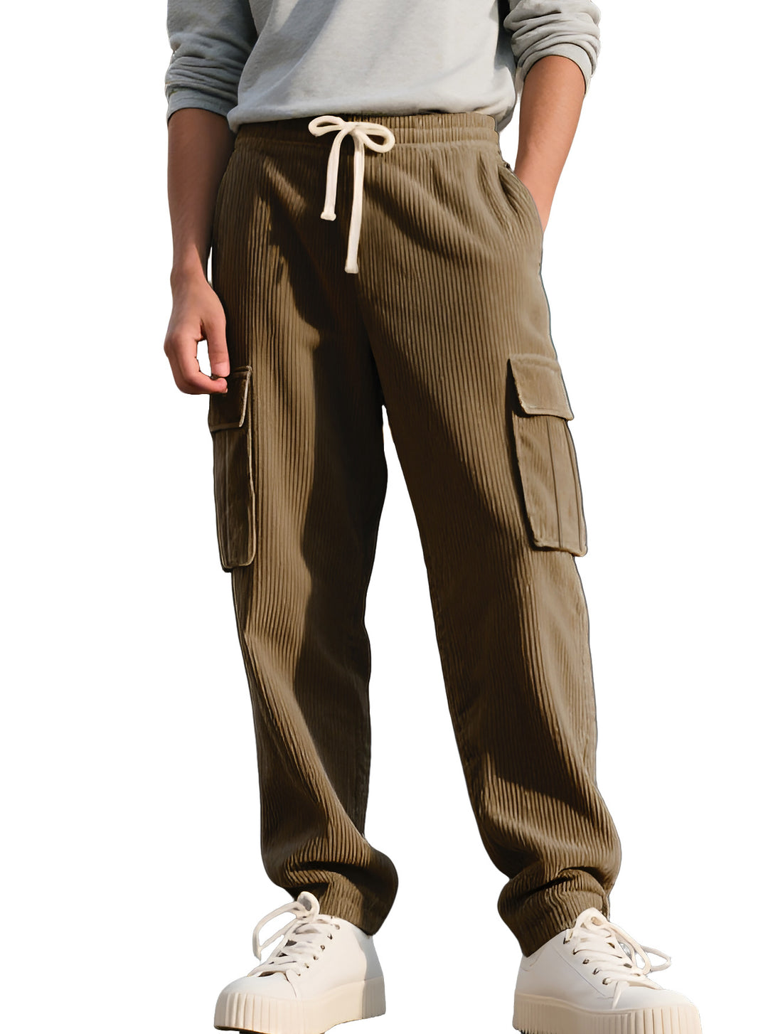 Men's casual utility cargo joggers with vertical ribbed structure, drawstring waistband, and large flap pockets Mune Fashion