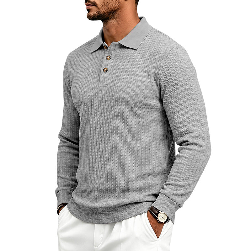 Men's Structured Long Sleeve Polo in Fine Knit with Cable Pattern and Button Placket Mune Fashion