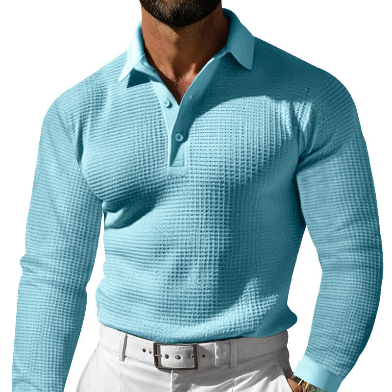 Men's long sleeve polo shirt made of waffle knit with a slim fit, concealed button placket, and shirt collar Mune Fashion