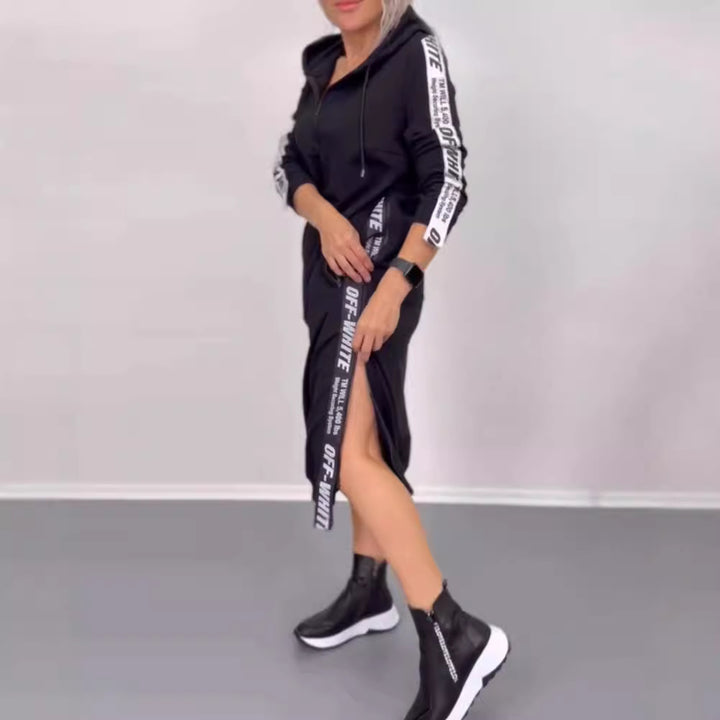 Women's ankle-length hooded sweatshirt dress with half zip, kangaroo pockets and side decorative piping Mune Fashion