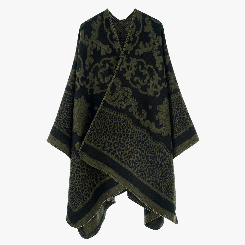 Women Jacquard Wool Blend Cape Poncho with Baroque and Animal Pattern Mune Fashion