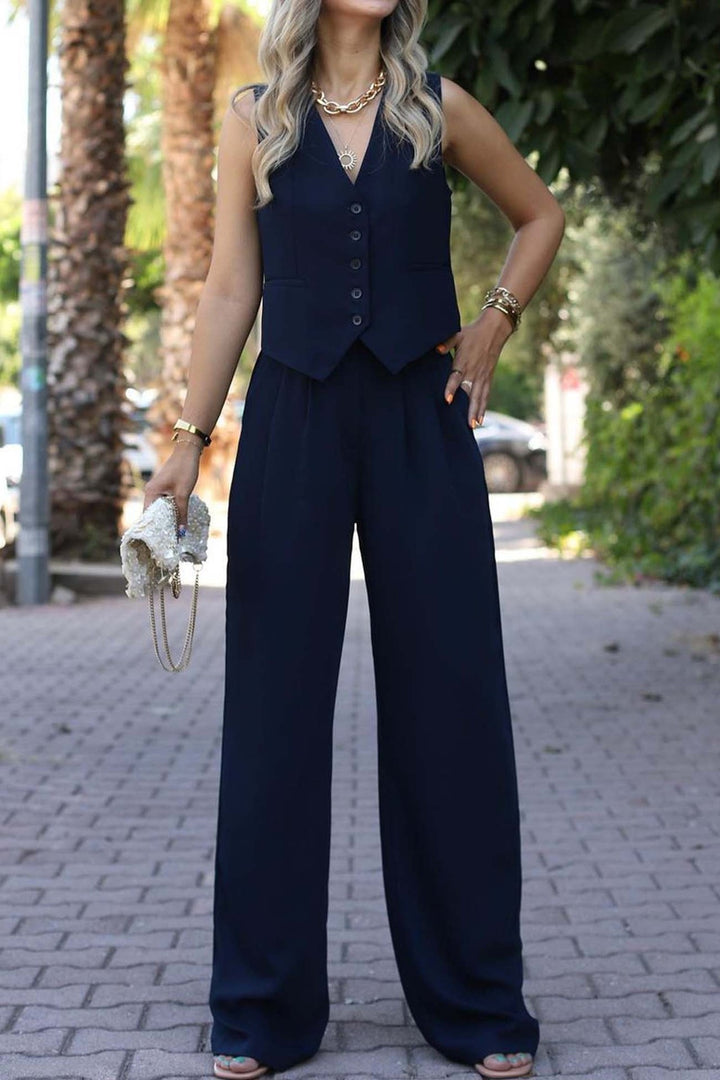 Ladies Elegant Two-Piece with Fitted Vest and Wide Palazzo Pants Mune Fashion