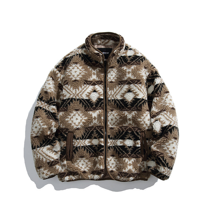 Unisex teddy fleece jacket in tribal pattern with stand-up collar and continuous zipper Mune Fashion
