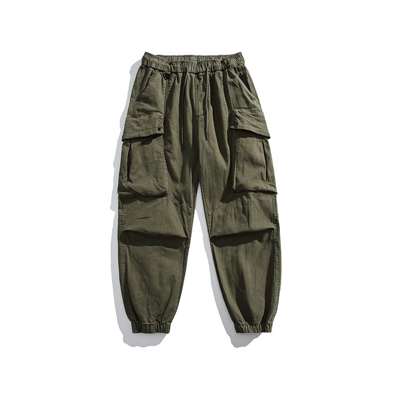 Men's utility cargo pants with elastic waistband, multiple pockets, and elastic cuffs.