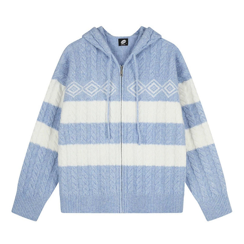 Women's chunky knit hooded cardigan with cable knit, block stripes, and full-length zipper Mune Fashion
