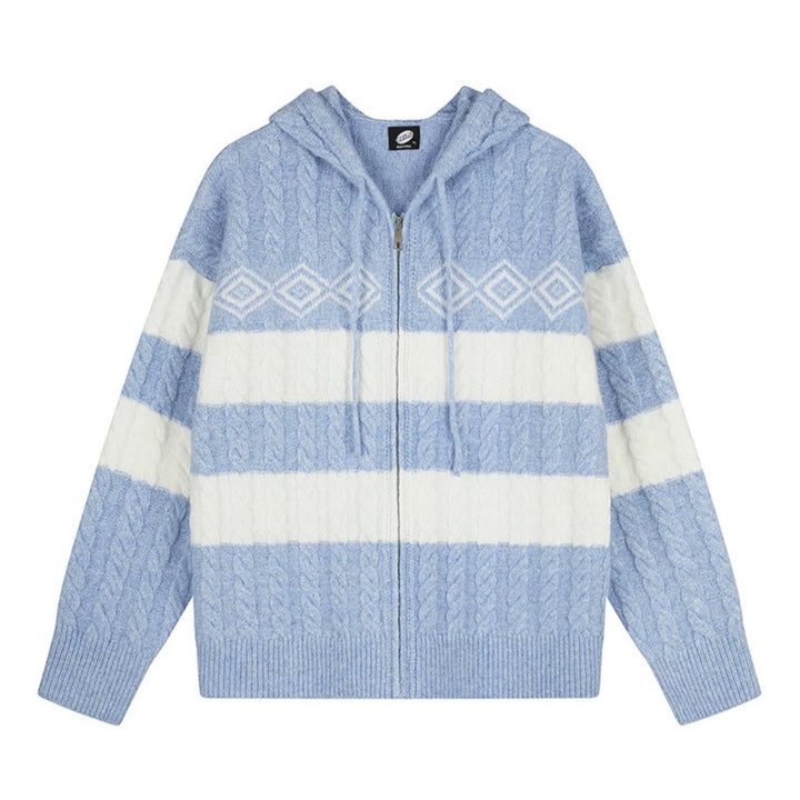 Women's chunky knit hooded cardigan with cable knit, block stripes, and full-length zipper Mune Fashion