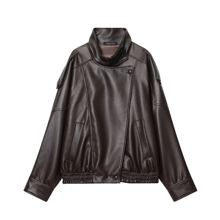 Ladies short-cut faux leather pilot jacket with high stand-up collar and shoulder straps Mune Fashion