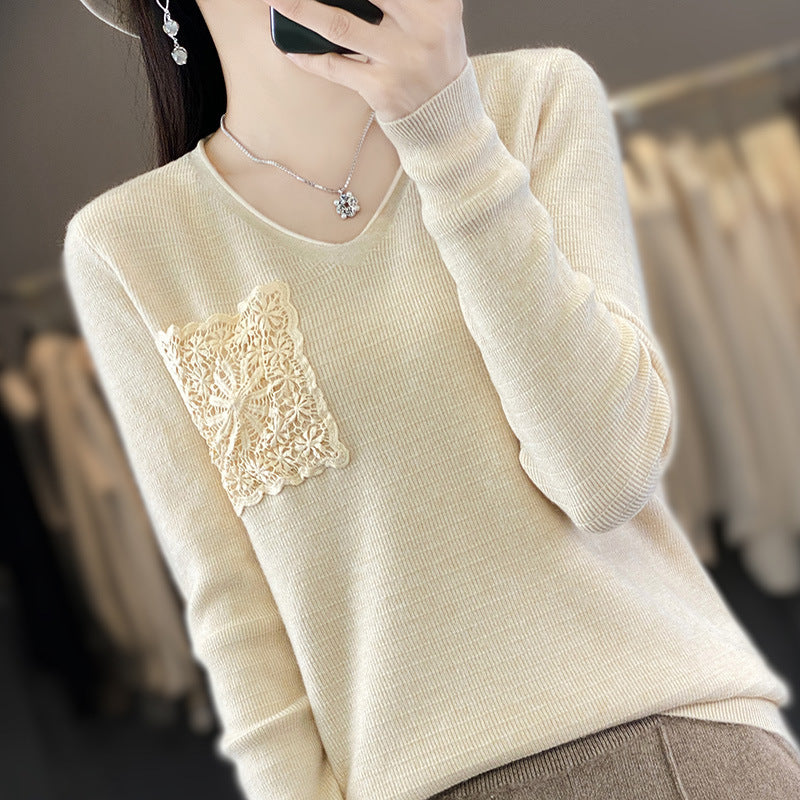 Women's Cashmere-Look V-Neck Sweater with Floral Crochet Appliqué Mune Fashion